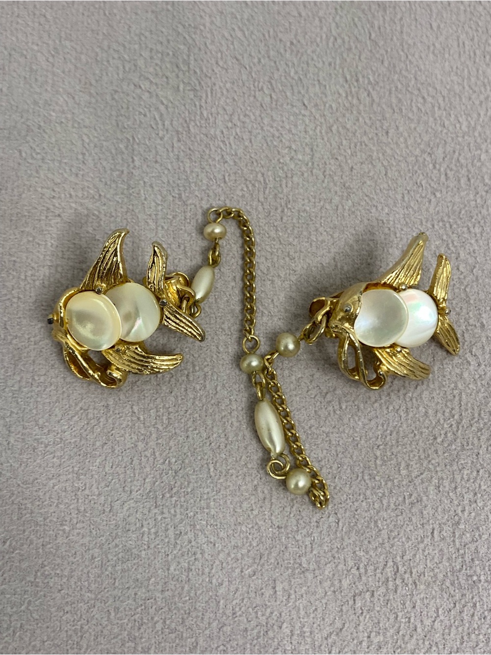 Vintage Fish Sweater Clips Mother of Pearl Fish Body Gold Tone Faux Pearl Chain